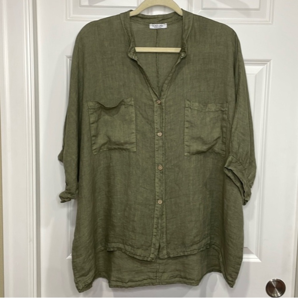 Puro Lino Italy Button Up Linen Shirt Sz Medium Oversized Olive Green High Low